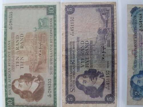 TW de Jongh Set of R1, R2, R5 and R10 South African Banknotes